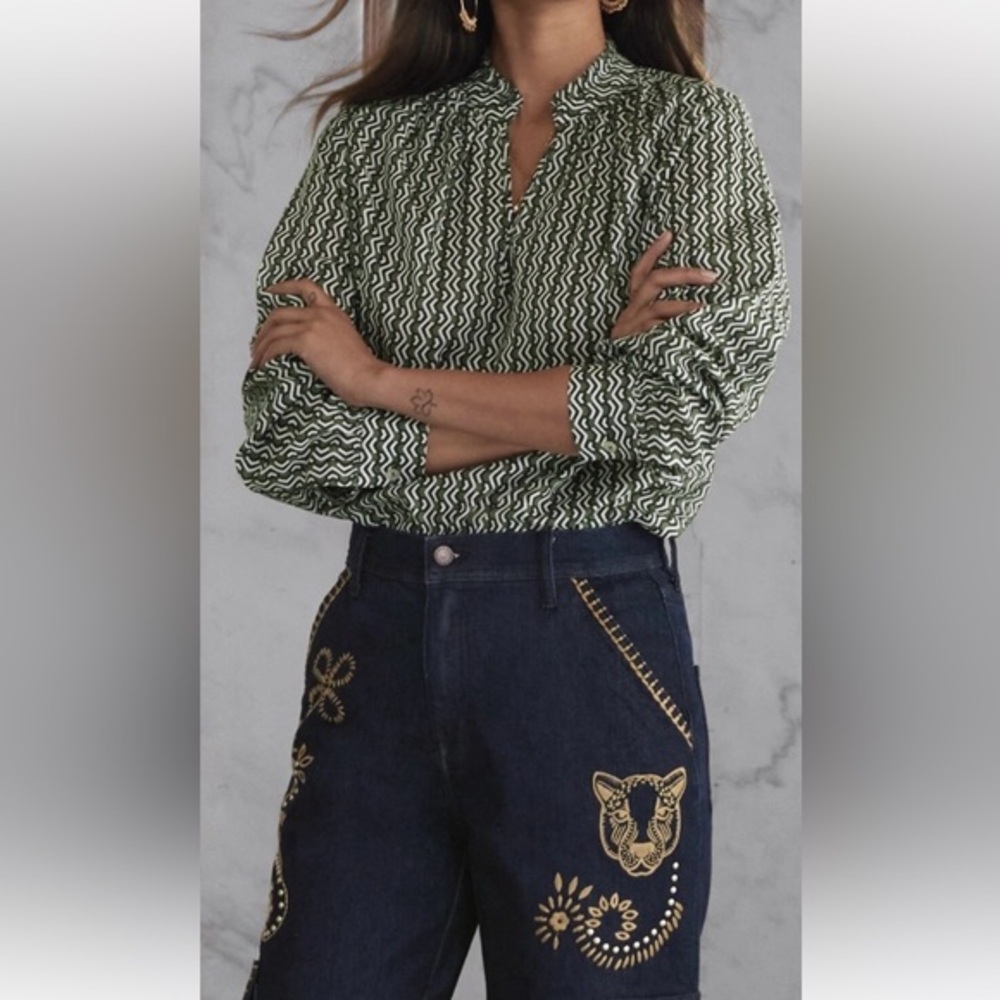 Johnny Was Calme Liya Pullover Top Black, Green & White NWOT Ret $178 Sz M